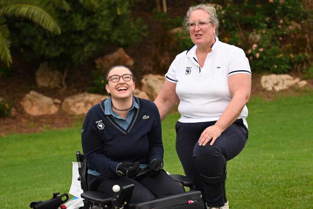 Female leading player Melody Roccaz of France (left) enjoys a joke with fellow French player Albane Pain