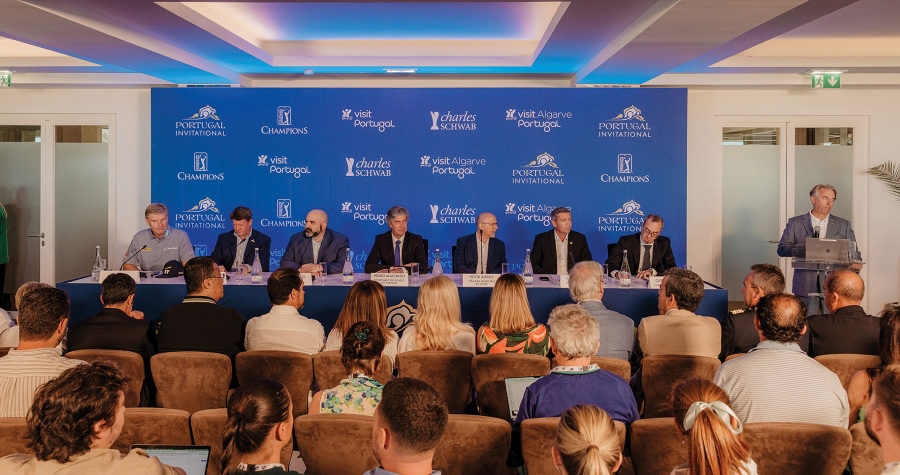 From left: Ernie Els, Miller Brady (PGA TOUR Champions President), John Calvão, (Arrow Global Group Fund Principal), Pedro Machado (Tourism State Secretary),
Vítor Aleixo (Mayor of Loulé), André Gomes (President of the Algarve Tourism Board), Carlos Abade (President of Turismo de Portugal